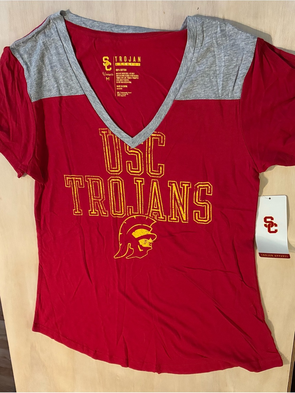 USC Trojans Women's Red V-Neck Short Sleeve Tee - Grey Trim NCAA 100% Cotton M